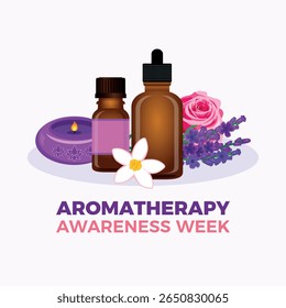 Aromatherapy Awareness Week poster vector illustration. Essential oil bottle, candle, lavender and rose vector. Fragrance oil vial drawing. Template for background, banner, card. Every year in June