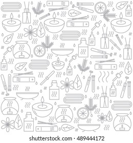 Aromatherapy. Background with icons for aromatherapy and relaxation. Pattern for design. Vector illustration.