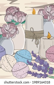 Aromatherapie Badezubehör Kerzen Bath Bomben Lavendel und Blumen Illustration