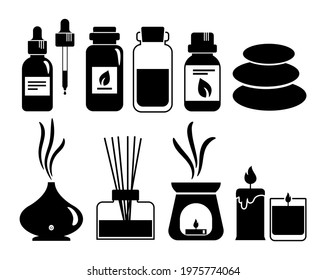 Aromatherapy black outline icon set with essential oils for spa and massage. Bottles with natural aroma oils, herbs, diffuser, candle for wellness and beauty Homeopathy and ayurveda therapy.