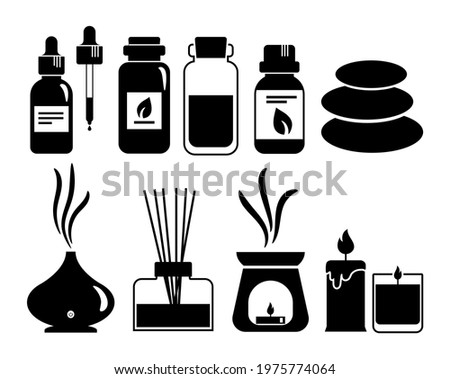 Aromatherapy black outline icon set with essential oils for spa and massage. Bottles with natural aroma oils, herbs, diffuser, candle for wellness and beauty Homeopathy and ayurveda therapy.
