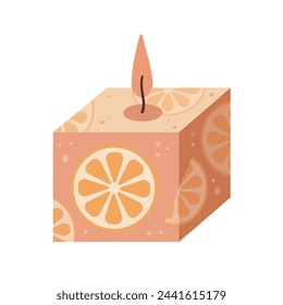 Aromatherapie-Kerze mit Zitruszusatz isoliert auf weißem Hintergrund. Hand gezeichnete Vektor-Illustration. Orange Aroma Kerze Symbol. Handgefertigte Kerze. Flache Bauweise