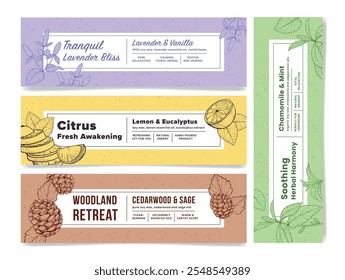 Aromatherapy candle horizontal label design template set engraved vector illustration. Scented fragrance smell aroma wax product with citrus lavender cedarwood chamomile mint pack sticker