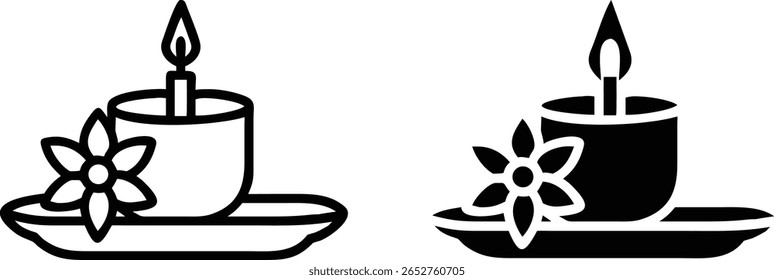 Aromatherapy Candle Icon Set – Black and White Vector Spa Candle with Flower Symbol for Relaxation and Wellness