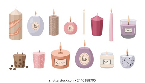 Aromatherapy candles set. Various candles isolated on white background. Hand drawn Vector illustration. Different candles collection. Hand crafted candles. Flat design