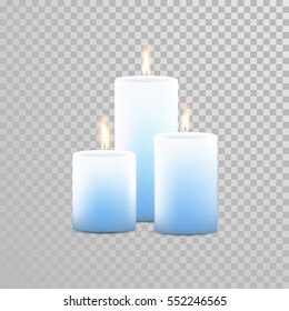 Aromatherapy candles. Vector 3D realistic burning blue candle set with flames. Isolated round cylindrical shape candle on transparent background. Wedding decoration element design