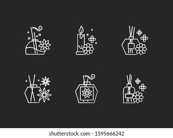 Aromatherapy chalk icons set. Floral scented sticks. Aromatic candles. Blossom air freshener. Cosmetology, spa therapy. Relaxation. Female selfcare. Isolated vector chalkboard illustrations