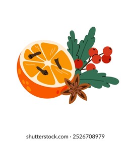 Aromaterapia. Decoración de Navidades. Media naranja con especias. Anís, clavos. Composición aromática. Ilustración plana sobre fondo blanco.