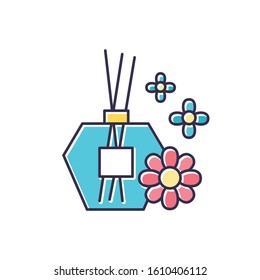 Aromatherapy color icon. Floral scented sticks. Essential oils in glass jar. Female selfcare. Therapeutic spa product. Cosmetic and beauty. Blossom aroma. Isolated vector illustration