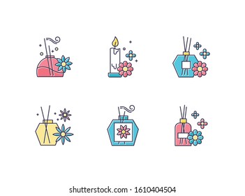 Aromatherapy color icons set. Floral scented sticks. Aromatic candles. Blossom air freshener. Cosmetology, spa therapy. Relaxation and stress relief aid. Female selfcare. Isolated vector illustrations