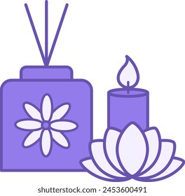 Aromatherapy Colored Icon. Vector Icon of Scented Candle, Aromatherapy Stick, and Lotus Flower. Aroma Reed Diffuser. Spa Treatments and Relaxation. Mental Health. Wellness Concept