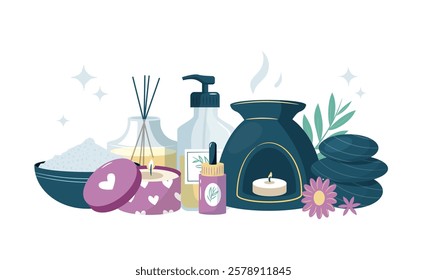 Aromatherapy composition featuring an essential oil diffuser, candles, bath salt, massage stones, and other spa elements, creating a relaxing and tranquil atmosphere