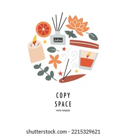 Aromatherapy composition, square template with copy space, vector arrangement with candles, aroma sticks, fragrance diffuser, poster and postcard design, card with items for meditation and relaxation