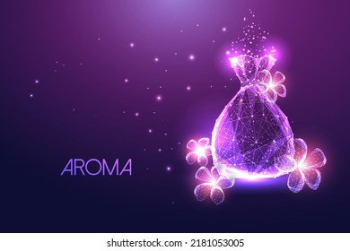 Aromatherapy concept with aroma sachet with flowers in futuristic glowing style on dark purple 