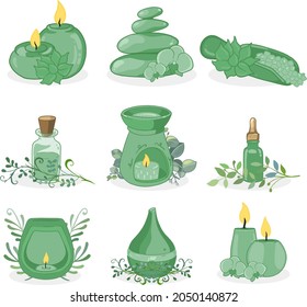 Aromatherapy concept. Ayurvedic, ayurveda design Alternative medical. Natural essence, extract herbs aromatic therapy. Essential aroma, oil herbal. Relax Aromatherapy clipart. Vector illustration.