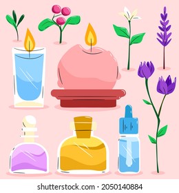 Aromatherapy concept. Ayurvedic, ayurveda design Alternative medical. Natural essence, extract herbs aromatic therapy. Essential aroma, oil herbal. Relax Aromatherapy clipart. Vector illustration.