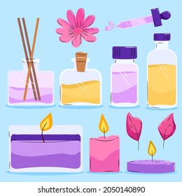 Aromatherapy concept. Ayurvedic, ayurveda design Alternative medical. Natural essence, extract herbs aromatic therapy. Essential aroma, oil herbal. Relax Aromatherapy clipart. Vector illustration.