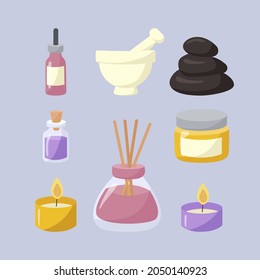 Aromatherapy concept. Ayurvedic, ayurveda design Alternative medical. Natural essence, extract herbs aromatic therapy. Essential aroma, oil herbal. Relax Aromatherapy clipart. Vector illustration.
