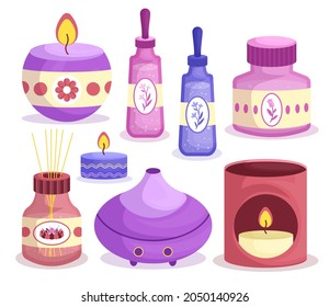 Aromatherapy concept. Ayurvedic, ayurveda design Alternative medical. Natural essence, extract herbs aromatic therapy. Essential aroma, oil herbal. Relax Aromatherapy clipart. Vector illustration.