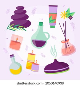 Aromatherapy concept. Ayurvedic, ayurveda design Alternative medical. Natural essence, extract herbs aromatic therapy. Essential aroma, oil herbal. Relax Aromatherapy clipart. Vector illustration.