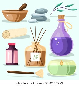 Aromatherapy concept. Ayurvedic, ayurveda design Alternative medical. Natural essence, extract herbs aromatic therapy. Essential aroma, oil herbal. Relax Aromatherapy clipart. Vector illustration.