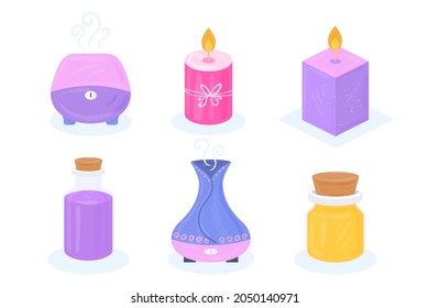 Aromatherapy concept. Ayurvedic, ayurveda design Alternative medical. Natural essence, extract herbs aromatic therapy. Essential aroma, oil herbal. Relax Aromatherapy clipart. Vector illustration.