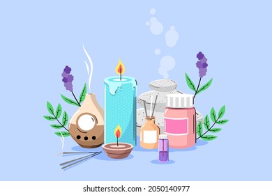Aromatherapy concept. Ayurvedic, ayurveda design Alternative medical. Natural essence, extract herbs aromatic therapy. Essential aroma, oil herbal. Relax Aromatherapy clipart. Vector illustration.