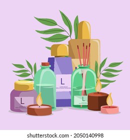 Aromatherapy concept. Ayurvedic, ayurveda design Alternative medical. Natural essence, extract herbs aromatic therapy. Essential aroma, oil herbal. Relax Aromatherapy clipart. Vector illustration.