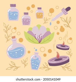Aromatherapy concept. Ayurvedic, ayurveda design Alternative medical. Natural essence, extract herbs aromatic therapy. Essential aroma, oil herbal. Relax Aromatherapy clipart. Vector illustration.