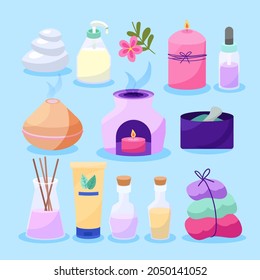 Aromatherapy concept. Ayurvedic, ayurveda design Alternative medical. Natural essence, extract herbs aromatic therapy. Essential aroma, oil herbal. Relax Aromatherapy clipart. Vector illustration.