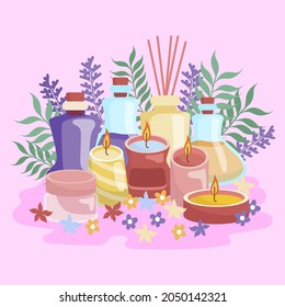 Aromatherapy concept. Ayurvedic, ayurveda design Alternative medical. Natural essence, extract herbs aromatic therapy. Essential aroma, oil herbal. Relax Aromatherapy clipart. Vector illustration.