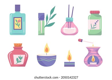 Aromatherapy concept. Ayurvedic, ayurveda design Alternative medical. Natural essence, extract herbs aromatic therapy. Essential aroma, oil herbal. Relax Aromatherapy clipart. Vector illustration.