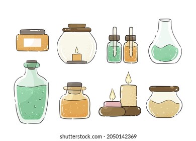 Aromatherapy concept. Ayurvedic, ayurveda design Alternative medical. Natural essence, extract herbs aromatic therapy. Essential aroma, oil herbal. Relax Aromatherapy clipart. Vector illustration.