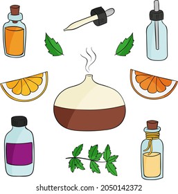 Aromatherapy concept. Ayurvedic, ayurveda design Alternative medical. Natural essence, extract herbs aromatic therapy. Essential aroma, oil herbal. Relax Aromatherapy clipart. Vector illustration.