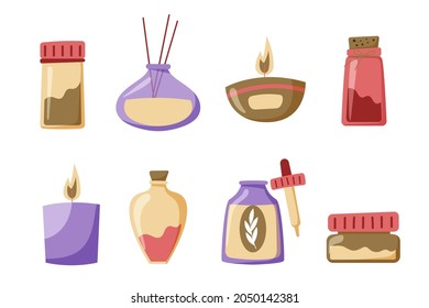 Aromatherapy concept. Ayurvedic, ayurveda design Alternative medical. Natural essence, extract herbs aromatic therapy. Essential aroma, oil herbal. Relax Aromatherapy clipart. Vector illustration.