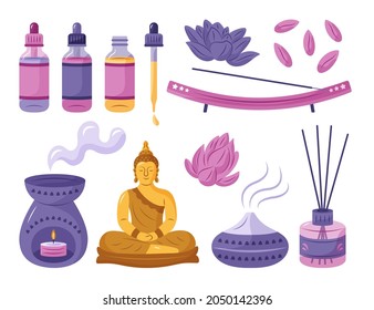 Aromatherapy concept. Ayurvedic, ayurveda design Alternative medical. Natural essence, extract herbs aromatic therapy. Essential aroma, oil herbal. Relax Aromatherapy clipart. Vector illustration.