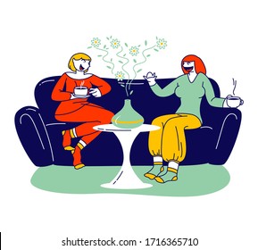 Aromatherapy Concept. Couple of Female Characters Using Aroma Oil Diffuser Lamp at Home for Wellbeing and Relaxation. Women Friends Chatting on Sofa, Aroma Therapy. Linear People Vector Illustration