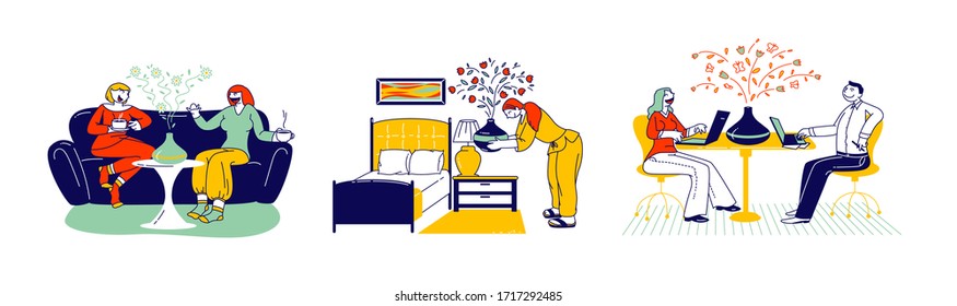 Aromatherapy Concept. Male and Female Characters Using Aroma Oil Diffuser Lamp at Home for Wellbeing and Relaxation. Women Chatting on Sofa, Couple Work on Laptops. Linear People Vector Illustration