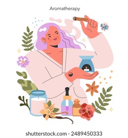 Concepto de aromaterapia. Una persona que disfruta de un tratamiento de spa holístico con aceites esenciales, velas y hierbas naturales. Relajación y bienestar a través del aroma. Ilustración vectorial.