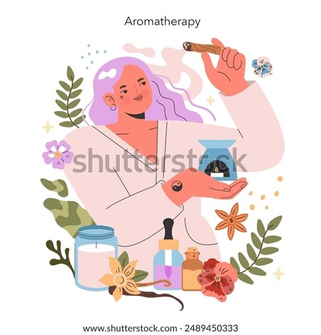 Aromatherapy concept. A person enjoying a holistic spa treatment with essential oils, candles, and natural herbs. Relaxation and wellness through scent. Vector illustration.