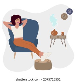 Aromatherapy Concept. Young woman relaxes on the armchair while enjoying the aromatherapy from oil diffuser with flower smell illustration