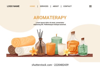 Banner de diseño de aromaterapia para el sitio web del spa. Almohadilla de toallas, velas, bastones de aroma sobre una repisa de madera. Ilustración vectorial para menú, publicidad, salón de belleza, tienda de cosméticos