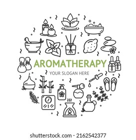 Aromatherapy Design Template Thin Line Icon Banner Concept with Slogan on a White Background. Vector illustration