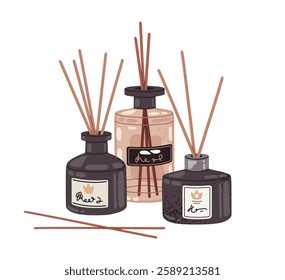 Aromatherapy diffuser jars. Aroma diffusers with bamboo sticks, home perfume liquids and essential oils flat vector illustration. Cartoon interior fragrance aromatic diffusers