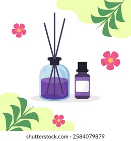 Aromatherapy diffuser with reeds and essential oil bottle in purple tones, surrounded by flowers and leaves on a white background. Wellness concept