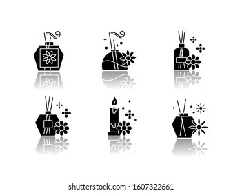 Aromatherapy drop shadow black glyph icons set. Floral scented sticks. Aromatic candles. Blossom air freshener. Cosmetology, spa therapy. Relaxation. Female selfcare. Isolated vector illustrations