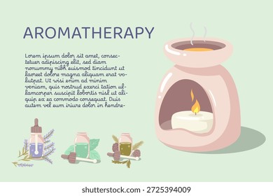 Plantilla educativa de aromaterapia con una ilustración de lámpara de aroma. Diseño limpio para publicaciones de blog sobre los beneficios de los aceites esenciales.