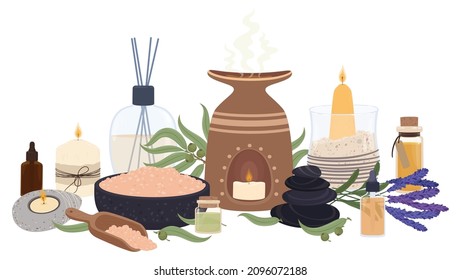 Aromatherapy elements for relaxation, scented candles and essential oils. Spa stones, aromatic diffuser, lavender flowers vector illustration. Mineral salt and plant leaves for therapy
