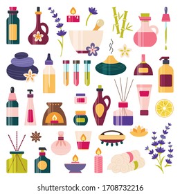 Aromatherapy, essential oil icon set. Spa, massage, wellness, beauty elements. Alternative medicine and ayurveda. Homeopathy. Bottle, diffuser, murmur, cream, soap, dropper.