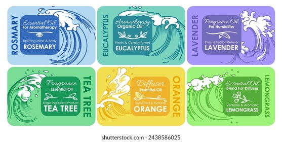 Aromatherapy essential oil package design set. Label collection for organic fragrance product, vector illustration. Colorful emblem tag with waves, hand drawn leaves for spa liquid